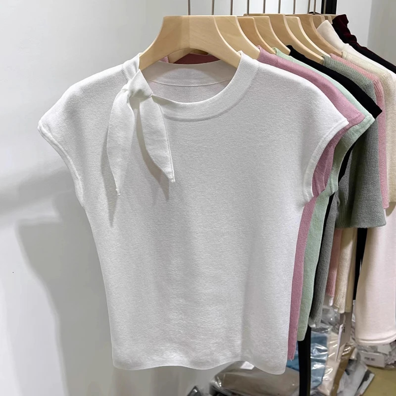 AOSSVIAO 2025 Womens Short Sleeve Round Neck Knit Sweater Summer Slim Fit Versatile Pullover Laceup Fashion Female Clothes 250530