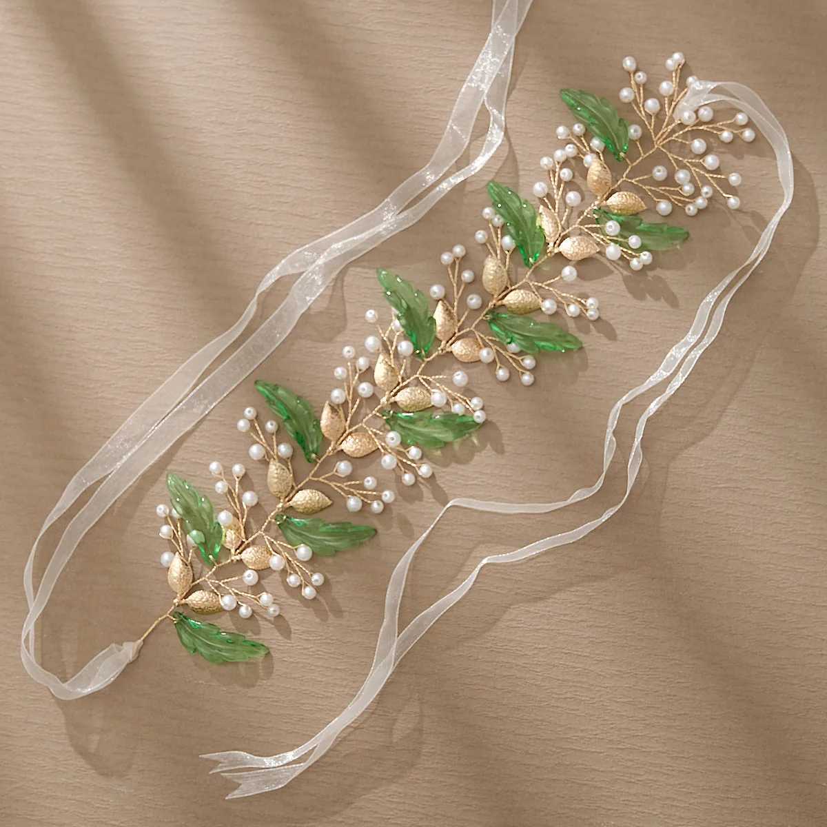 Wedding Headbands Green Leaves Hairband for Bride Hair Accessories Artificial Pearl Headdress for Women Girls Party Hair Jewelry Z250605
