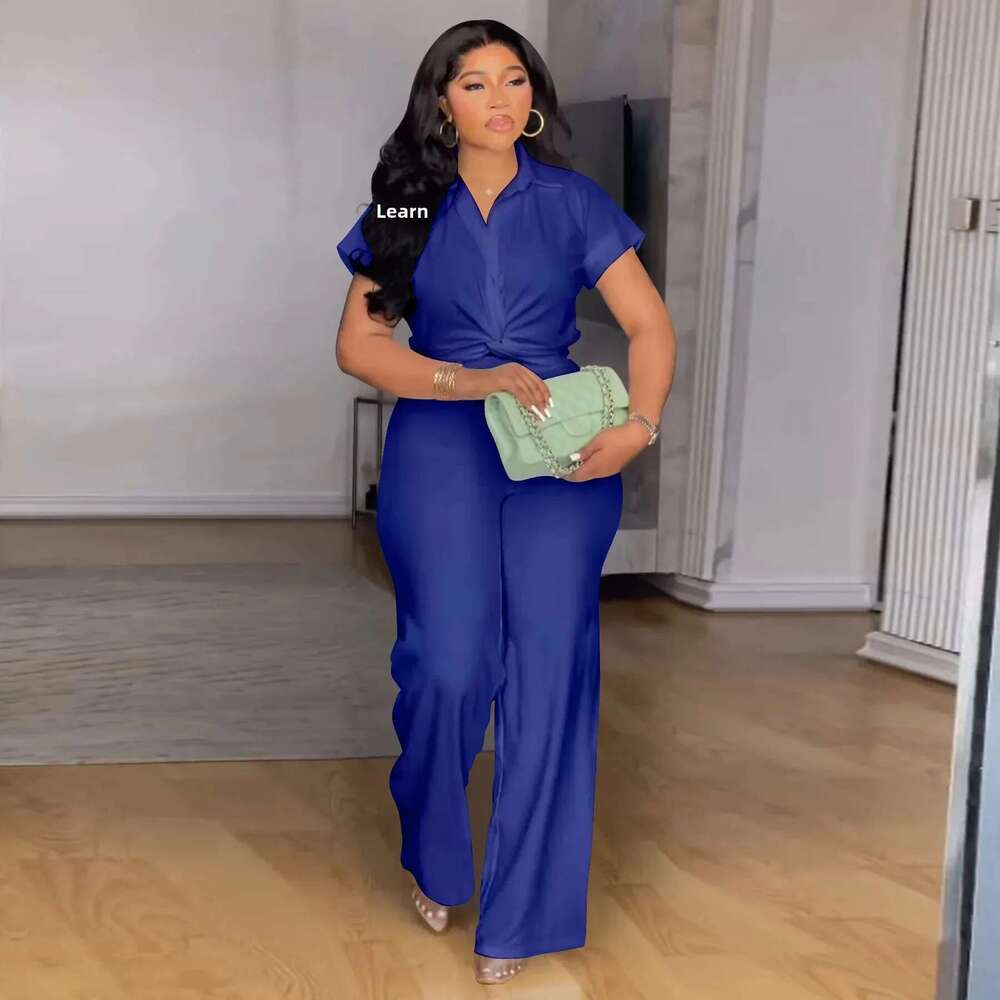 Summer New N8088 plus Size Women's Pure Color Short Sleeve Shirt High Waist Pants Two Piece Set Casual Comfortable Outfit