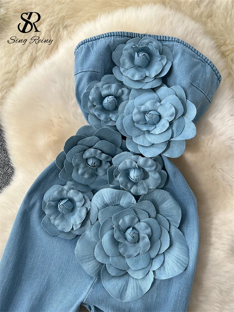 SINGREINY Fashion Denim Long Jumpsuits Zipper 3D Floral Chic Rompers Korean Trend Ins Solid Streetwear Women Playsuits 250603