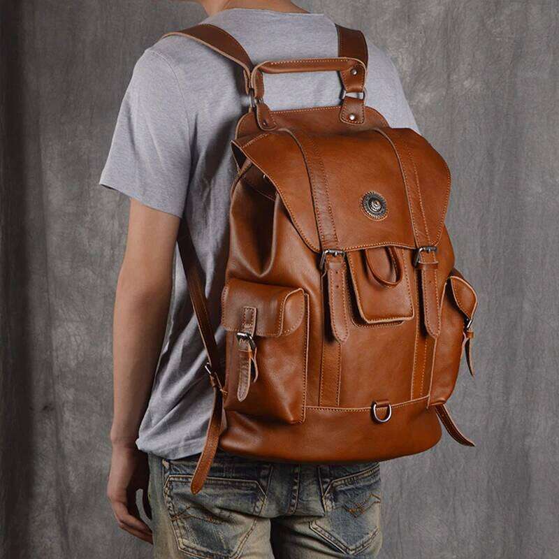 OLOEY Leatherfocus Leather Travel Men Multifunctional Fashion Backpack Retro Large Capacity Backpacks for Women Laptop Bag