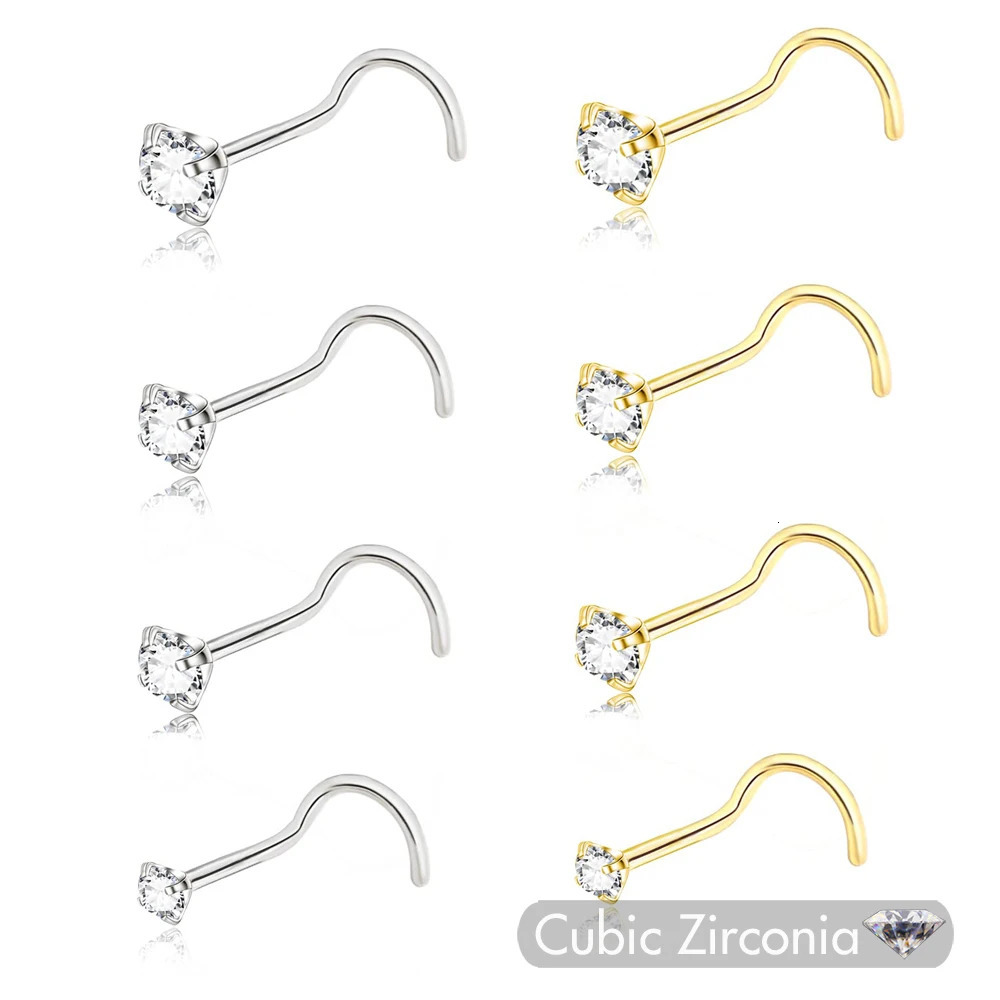 5Pcs CZ Gem Nose Piercing Stud Crystal Stainless Steel Nariz Body Jewelry S Shape Nostril Ring for Women Girl 20g 0.8mm 250605