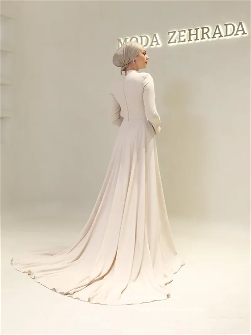 Modest Crepe Long Evening Dresses Muslim High Collar Satin Pleats Sheath Prom Dresses Full Sleeves Formal Prom Gowns Customized