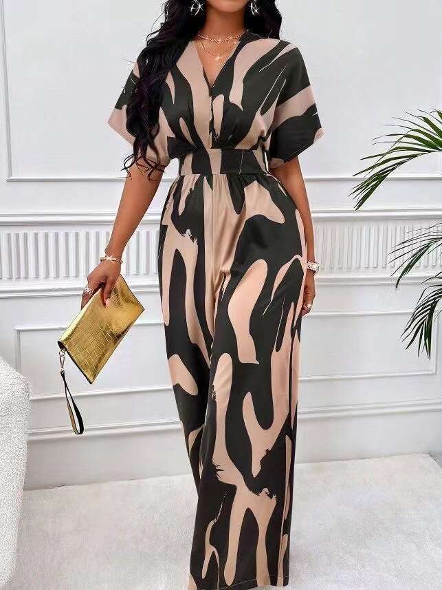 Women's Fashion Elegant V-Neck Full Print Batwing Sleeve Wide-Leg Jumpsuit B5