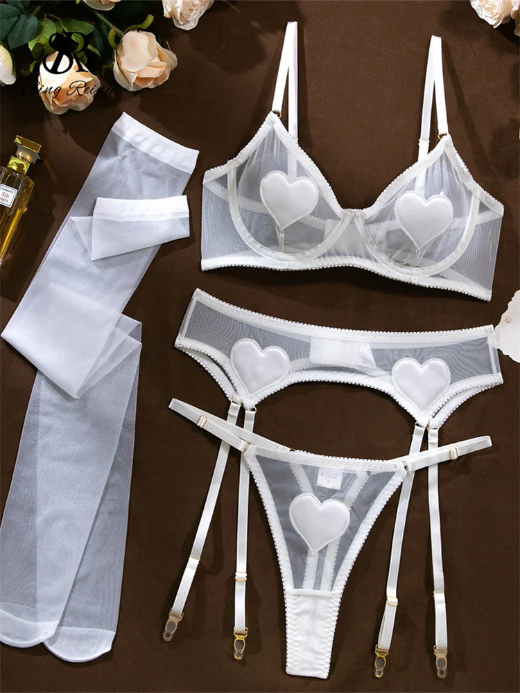 SINGREINY Love Sheer Slim Sexy Lingerie 4 Pieces Suits Women Garter Club Bra Sets Fashion Christmas Erotic Underwear Sets 250603