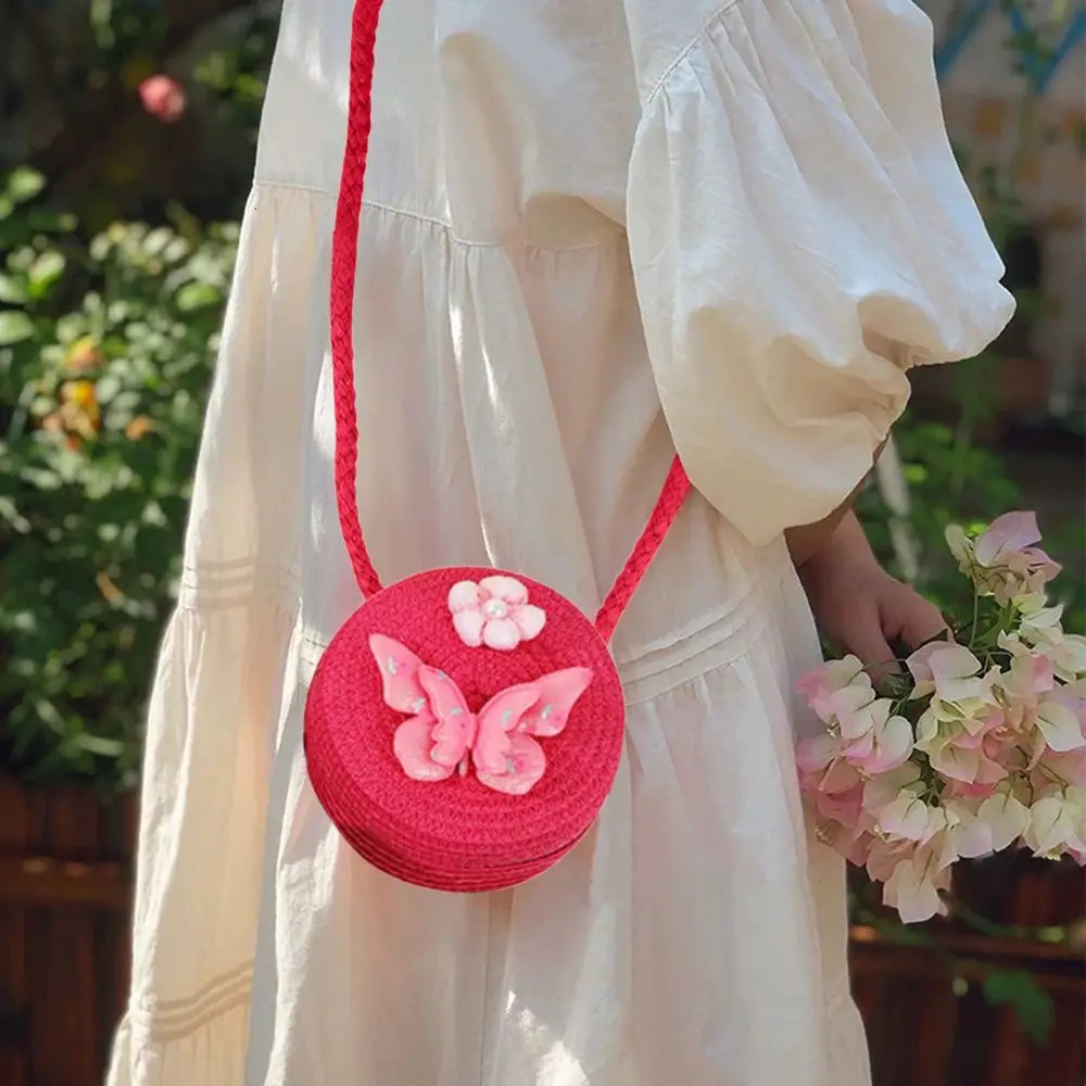 Round Shape Straw Bag Princess Mini Handbag Children Shoulder Butterfly Flower Summer Beach Messenger Kids Coin Purse 250605