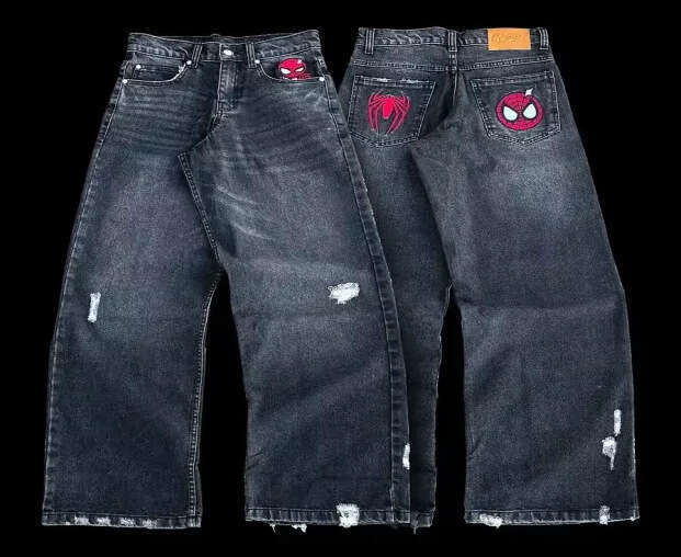 Trendy Spider Embroidered Jeans for Men High Street Design Straight Harajuku Style Hip-Hop Floor-Length Pants