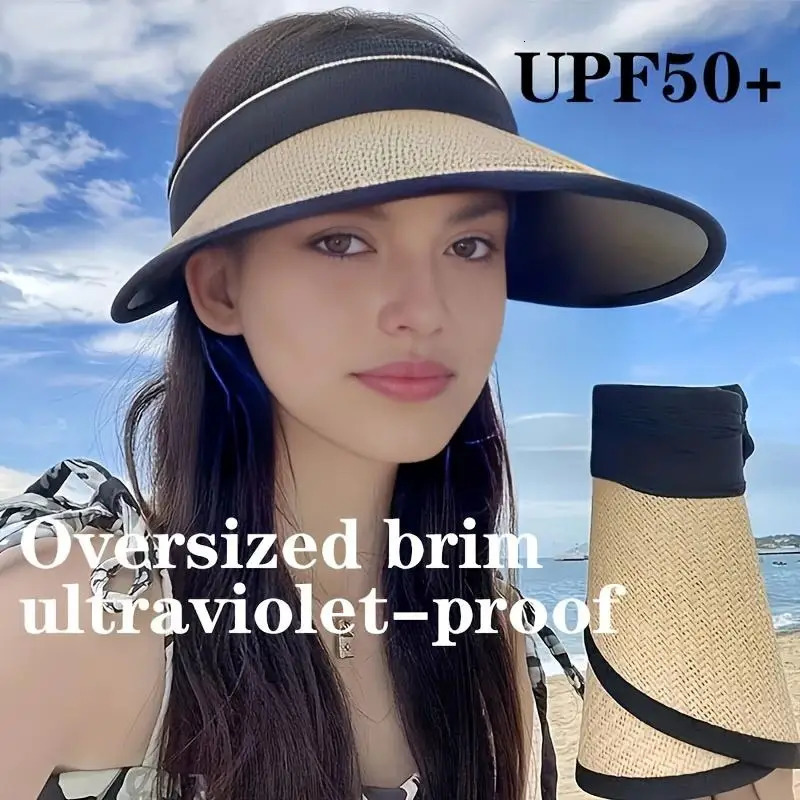 Summer Straw Hat for Women Foldable Empty Top Sun Hats Outdoor Beach Anti-UV Protection Wide Brim Female Sunscreen Visor Cap 250603