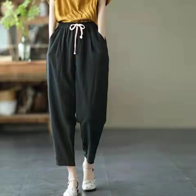 Solid Color Cotton and Linen Pants for Woman Vintage Loose Streetwear Harem Trousers Female Casual High Waist Drawstring Pants 250605