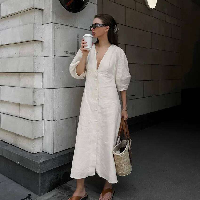 Coats Designer Women Retro Cotton Linen Women's Summer Dress Sexy V-Neck Puff Sleeve Long Maxi Birthday Graduation Dresses Beach Sundress Robe Fe
