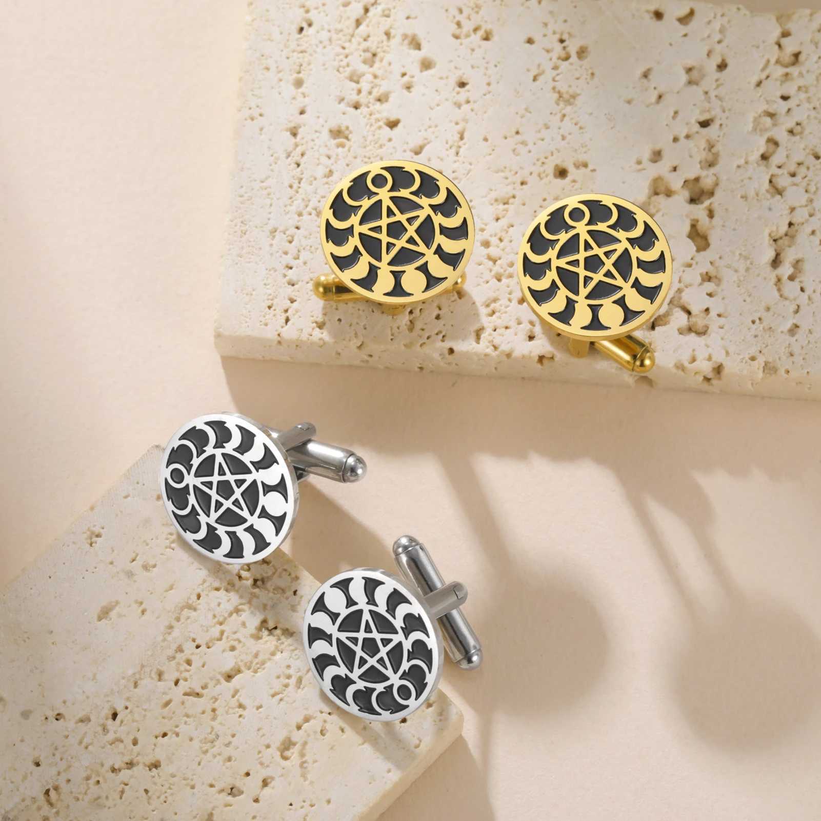 Lucktune 2pcs Pentagram Moon Phase Cufflinks Vintage Stainless Steel Cufflinks For Men Shirt Supernatural Amulet Jewelry Sale W250606