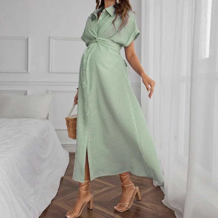 Summer Dress for Pregnant Women Striped Clothing Short-sleeved Button Maternity Dress Fashionable Casual Shirt Pregnancy Clothes 250530