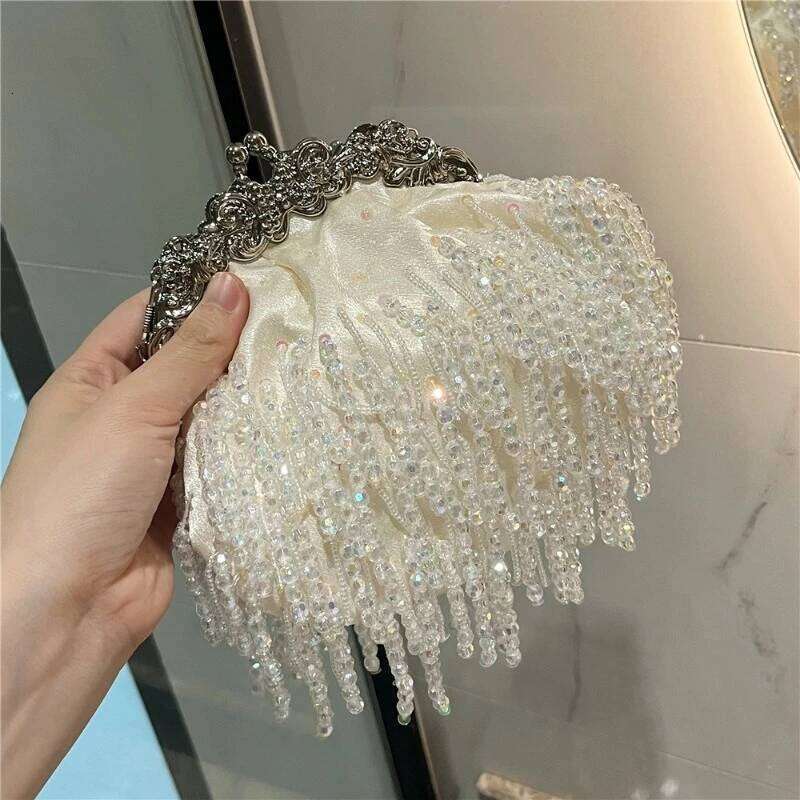 Elegant Bride Bags Vintage Tassel Silk Satin Beading Embroidered Handbag White Evening Bag Sac A Main Femme Retro Purses
