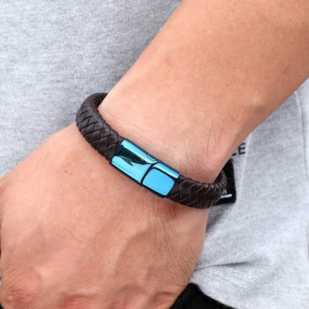 XQNI Classic Luxury Blue Color Leather Combination Stitching Blue Color Simple Buckle For Stainless Steel Leather Mens Bracelet W250606