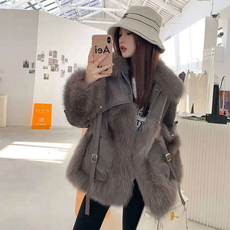 Winter Women's Leather Jacket Real Fox Collar Trim Natural Skin With Rabbit Fur Coats Short Style Female