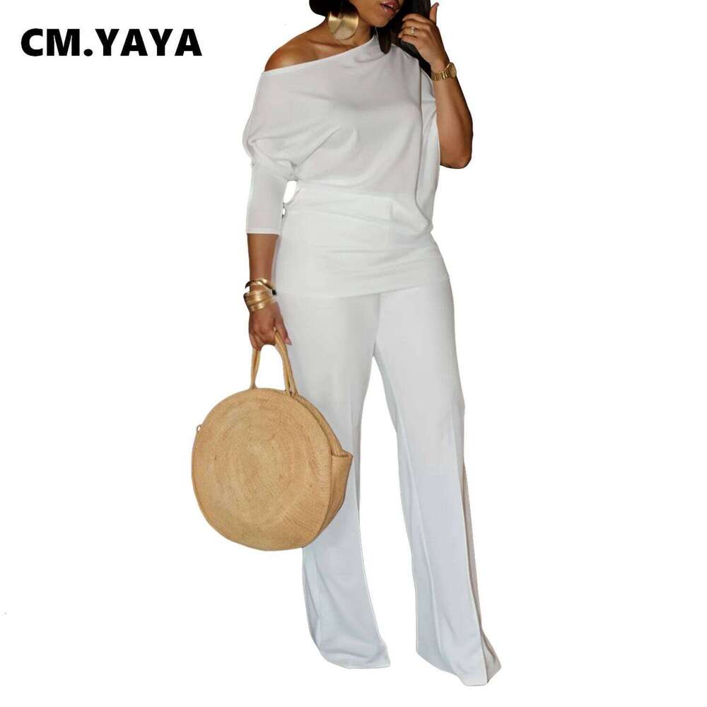 CM.YAYA Women's Set Full Sleeve Skew collar T-shirt + Wide Leg Pants Suit 2024 Fall Winter Fiess Two 2 Piece Sets Outfits