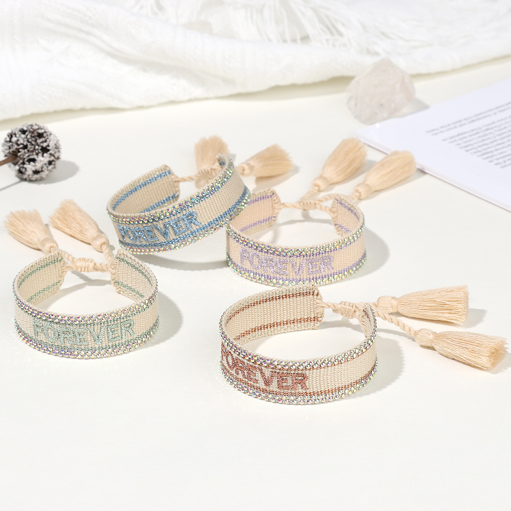 Handmade Rhinestone Braided Bracelet Embroidered Letter Couple Friendship Fringe Wristband Jewelry