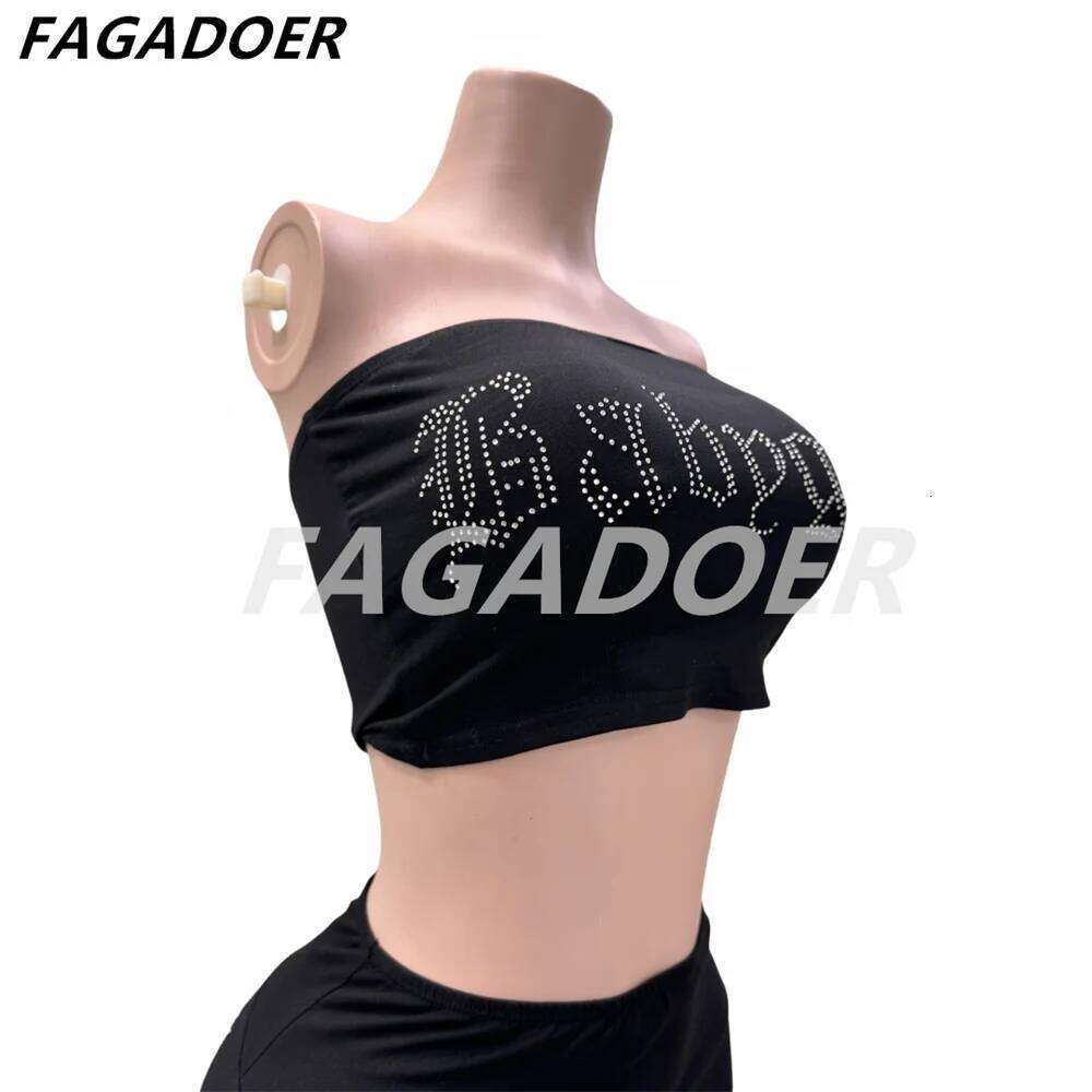FAGADOER Rhinestone Letter 2 Piece Set for Women Y2K Black Streetwear Fashion Tube Backless Crop Tops And Skiny Pants Suits