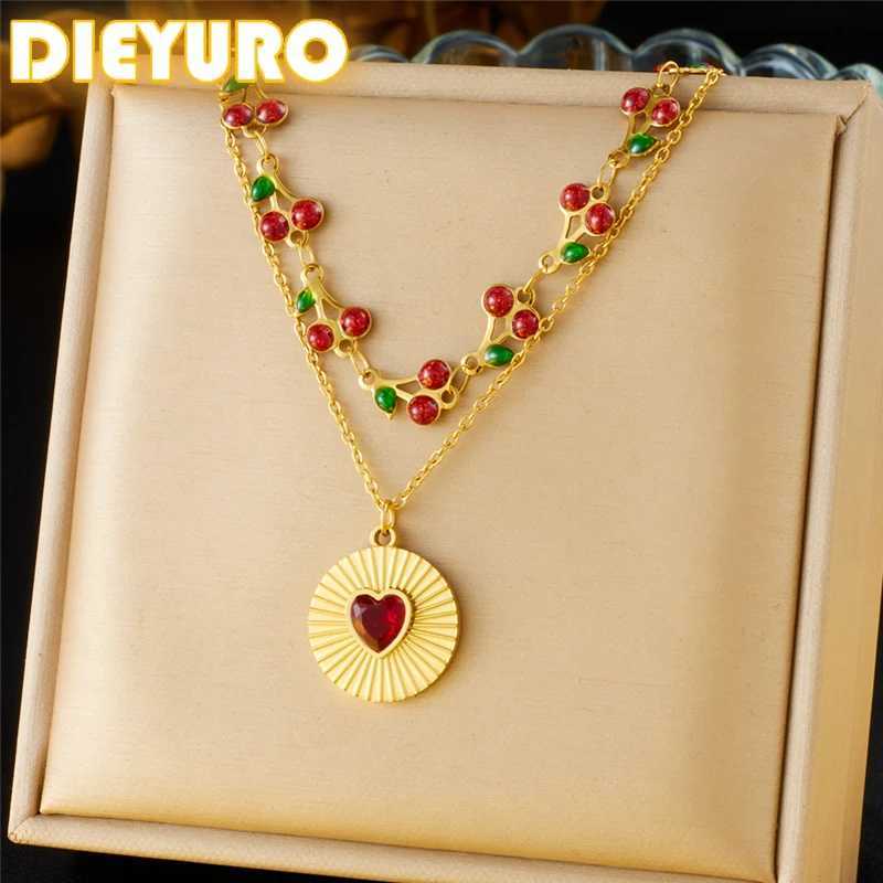 DIEYURO 316L Stainless Steel Cherry Circular Inlaid Red Heart Zircon Double-layer Necklace Womens Trend Neck Chain Jewelry Gift Y250605