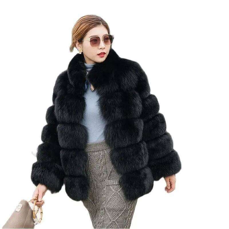 HJQJLJLS 2021 Winter Thick Warm Women Faux Fox Fuzzy Coat Female Stand Up Collar Fake Fur Jacket Black Outerwear
