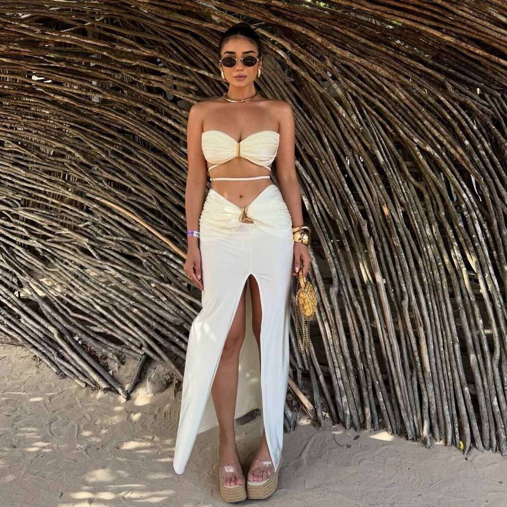 3Pcs Crochet Bikini With Long Skirt Sexy Swimsuit Women Swimwear Female Bandage Biquini White Swimming Suit Bodysuit Beachwear