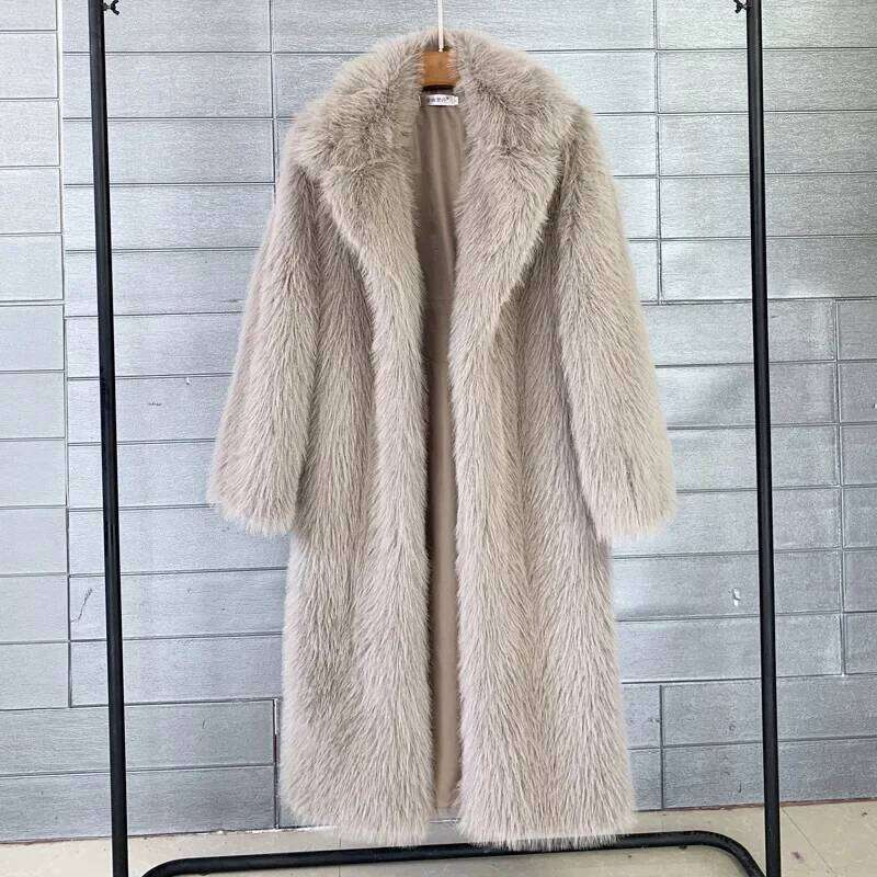White Long Faux Fur Women Autumn Winter Large Jacket Overcoat Turn Down Collar Pockets Thick Coat Warm Jackets Maxi Coats luanyun