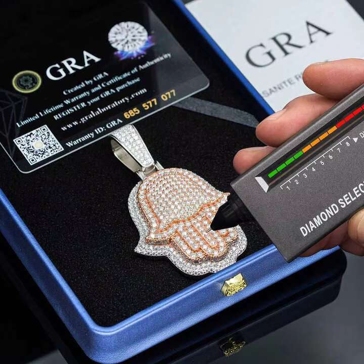 Hip Hop Hot Sale Rapper Style Jewelry Customized Iced Out Hamsa Hand Two Tone 925 Sterling Silver Vvs Moissanite Hamsa Pendant