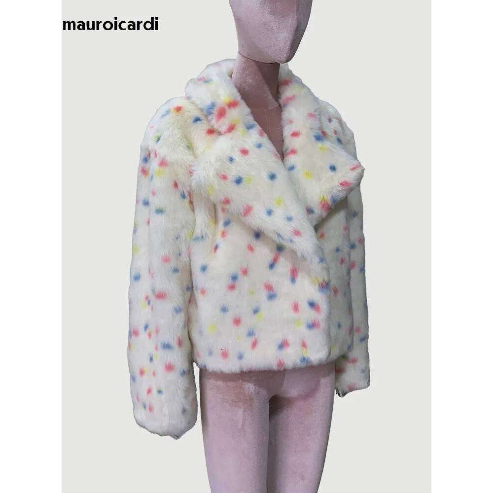 Mauroicardi Winter Short Colorful Thick Warm Faux Fur Coat Women Loose Sweet Fluffy Jacket Furry Cardigan 2024