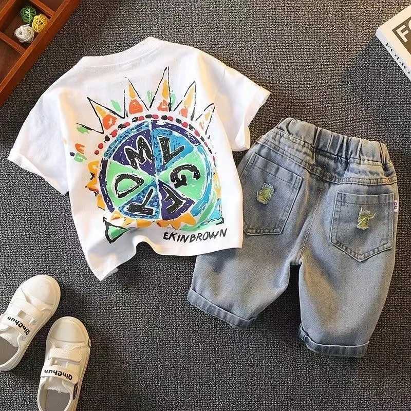 Baby Boys Summer Outfit Short SLeeve Cotton T-Shirt And Jeans Pants Two Piece Fashion Suit Kids 1-9 Years Old Sport Clothing New R250606