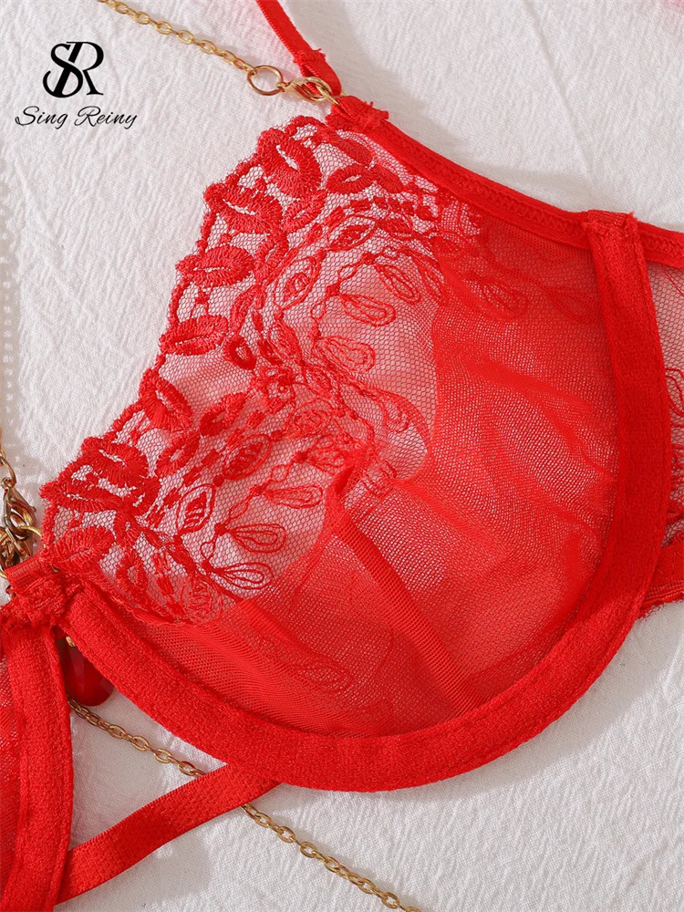 SINGREINY Chain Halter Sensual Underwear Sets Sexuality Garter Skinny Shapewear Women Lingerie Spliced Sheer Erotic Bra Suits 250603