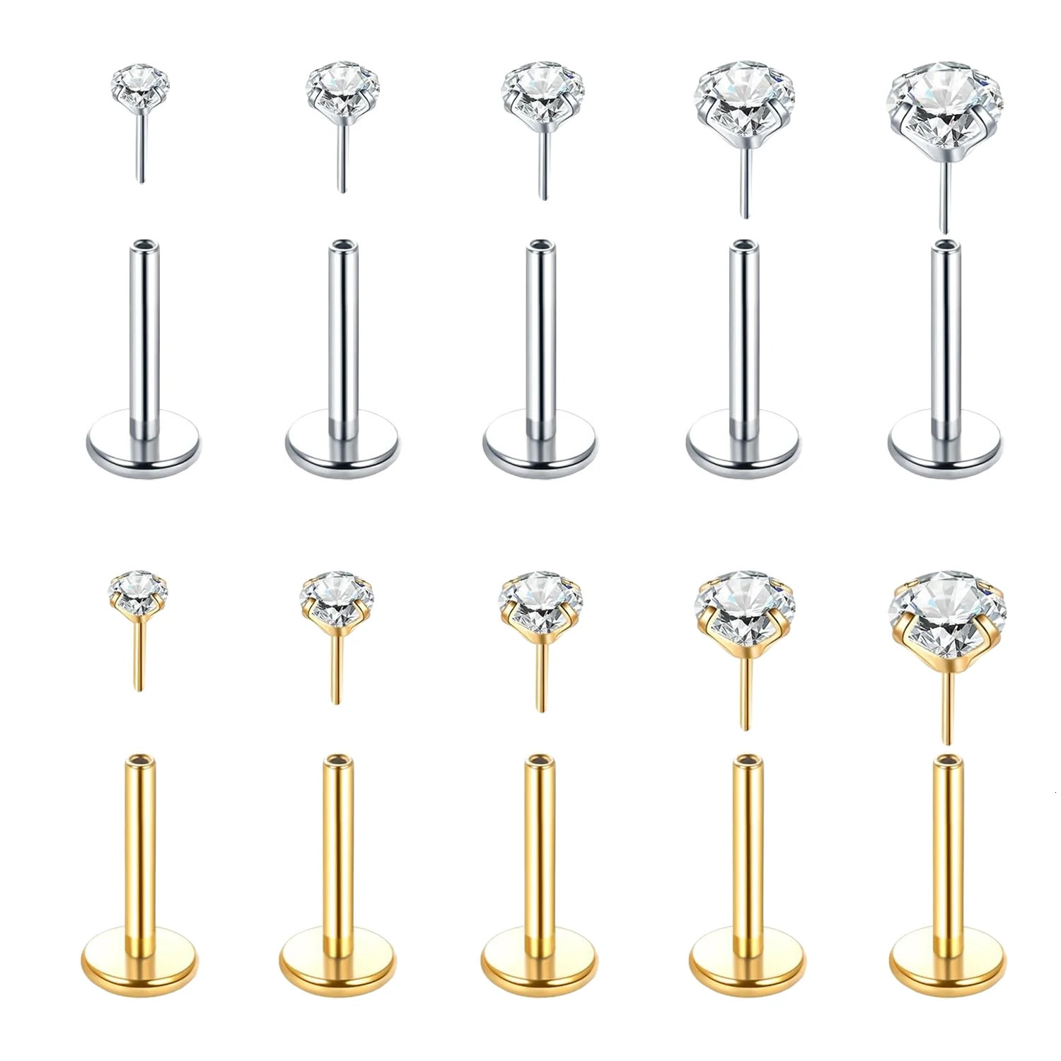 5Pcs Stainless Steel Earring Nose Stud Cartilage Helix Tragus Lip Piercing Jewelry for Women Push In Labret CZ Flat Back 18G 20G 250605