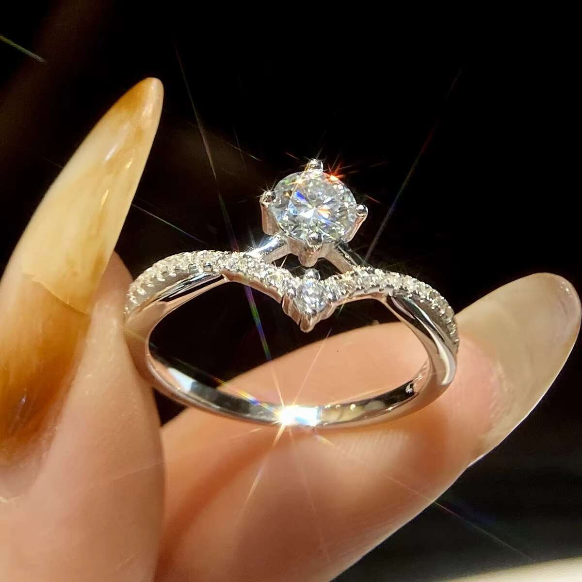 Fine Jewelry Rings Gra Diamond Moissanite 2 Row V-Shape 925 Sterling Silver for Women Engagement