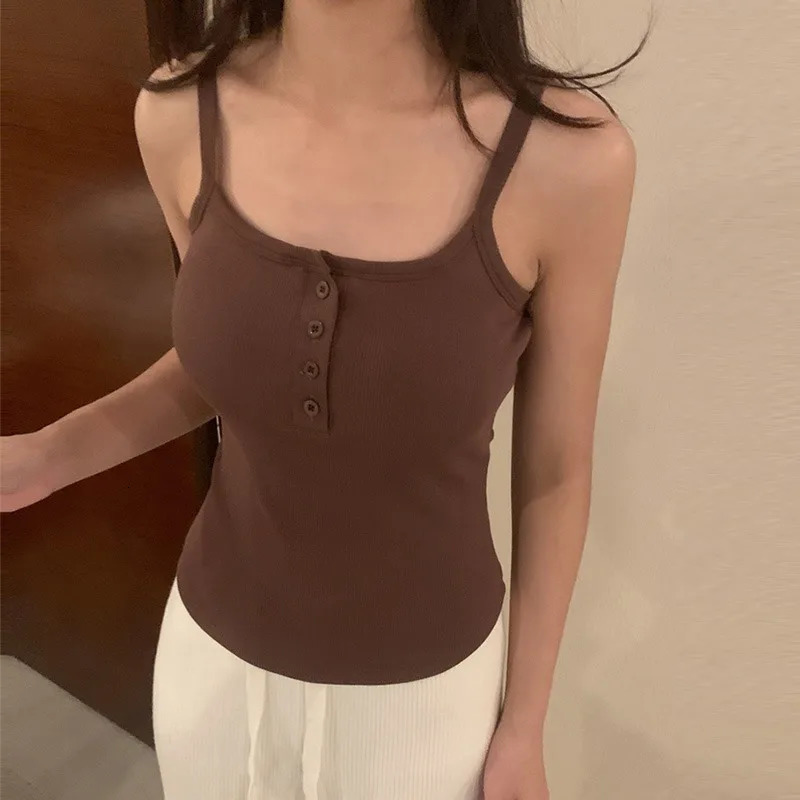 Button Bra Top Solid Color Slim Fit Thin Strap Tank Tops Women Summer Casual Sleeveless T-Shirt Vest with Chest Pads 250605