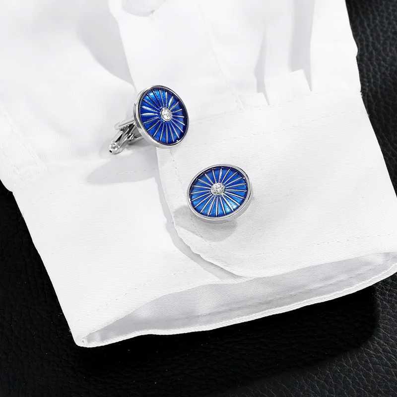 Business Mens Cufflink Luxury French Shirt Cuff Accessories Round Striped Blue Enamel Alloy Suit Sleeve Button Gift for Husband W250606