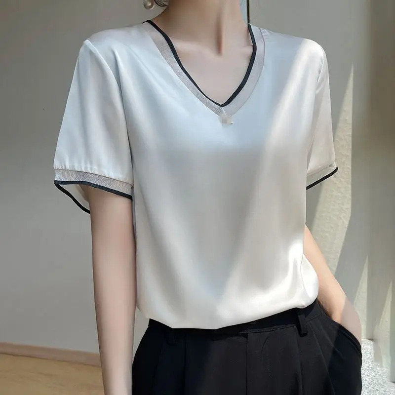 Summer Fashion Silk Temperament V-Neck All-Match Short-Sleeved Pullover Top Large Size Women Style Blouses Shirts 250605