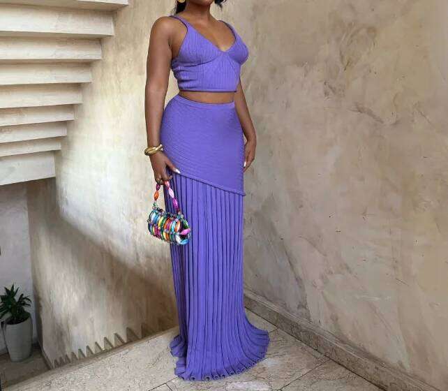 Solid Color V-Neck Knitted Vest Top High Waisted Straight Pleated Skirt for Summer Women, Elegant and Sexy 2-Piece Set