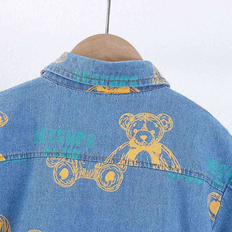 Boys Summer Denim Clothing Set Fashion Cartoon Bear Print Jacket Shorts 2-Piece Tracksuit Casual Outfit for Kids R250606