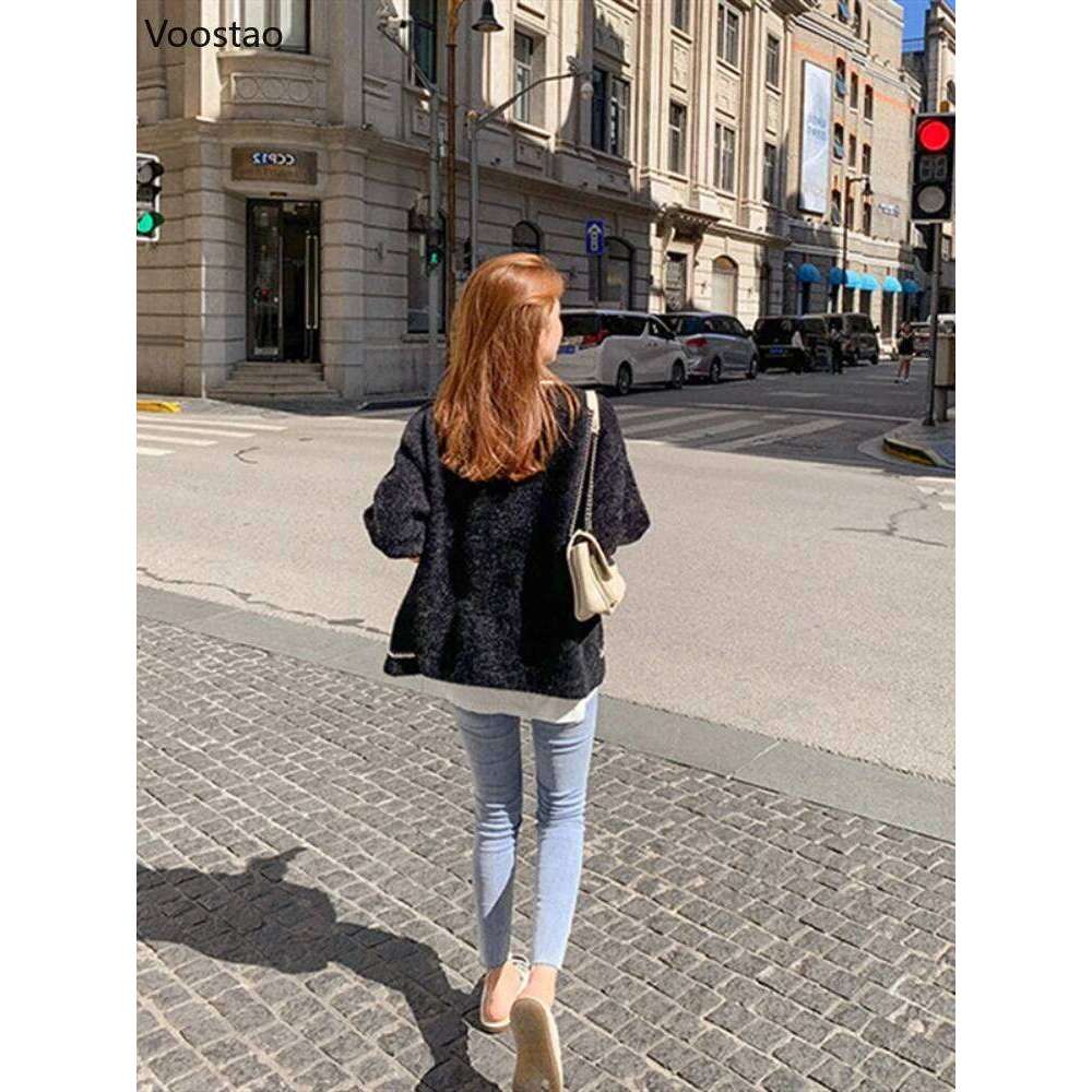 White Mink Cashmere Sweater Coat Women Autumn Winter Lazy Style Korean Retro Black Loose O-Neck Knitted Cardigan Fashion Outwear