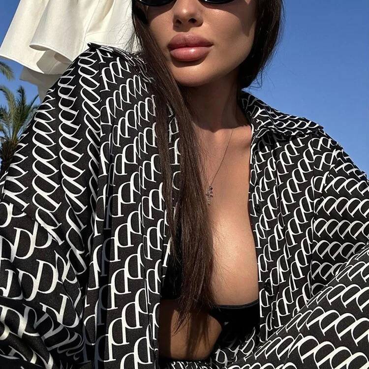 Satin Printed Two-Piece Set 2024 New Summer Long Sleeve Shirts For Women Suits+Wide Leg Pants Vacation Casual Fashion Sets Lady