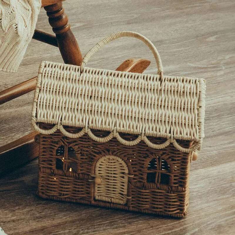Funny House Rattan Wicker Woven Handbag Straw Knitted Box for Women 2025 Handmade Travel Beach Bags Square Basket Bag