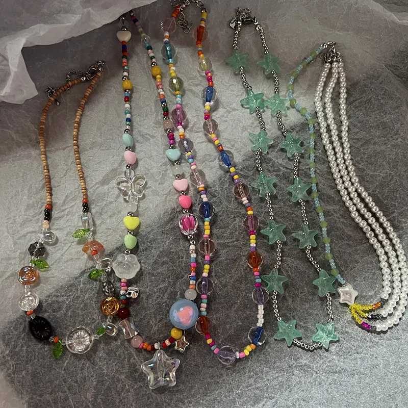 Bohemia Candy Color Cute Necklace for Women Star Pendant Beaded Clavicle Chain Necklaces Multicolor Y2K Vacation Accessories Y250605