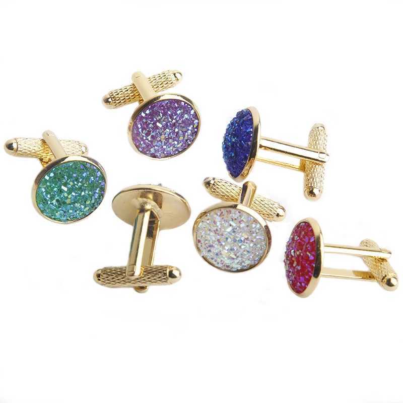 Simple Fashion Shirt Cufflinks for Men Drusy Rhinestones Cuff Links Round Sleeve Button Christmas Gifts Mens Cuff link Gemelos W250606