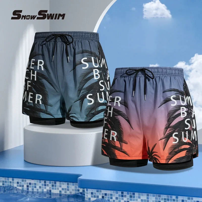 Double-layer Swim Trunks for Men Boxer Shorts Anti-embarrassment Lined with Professional Beach Pants Adult Swim Gear 250530