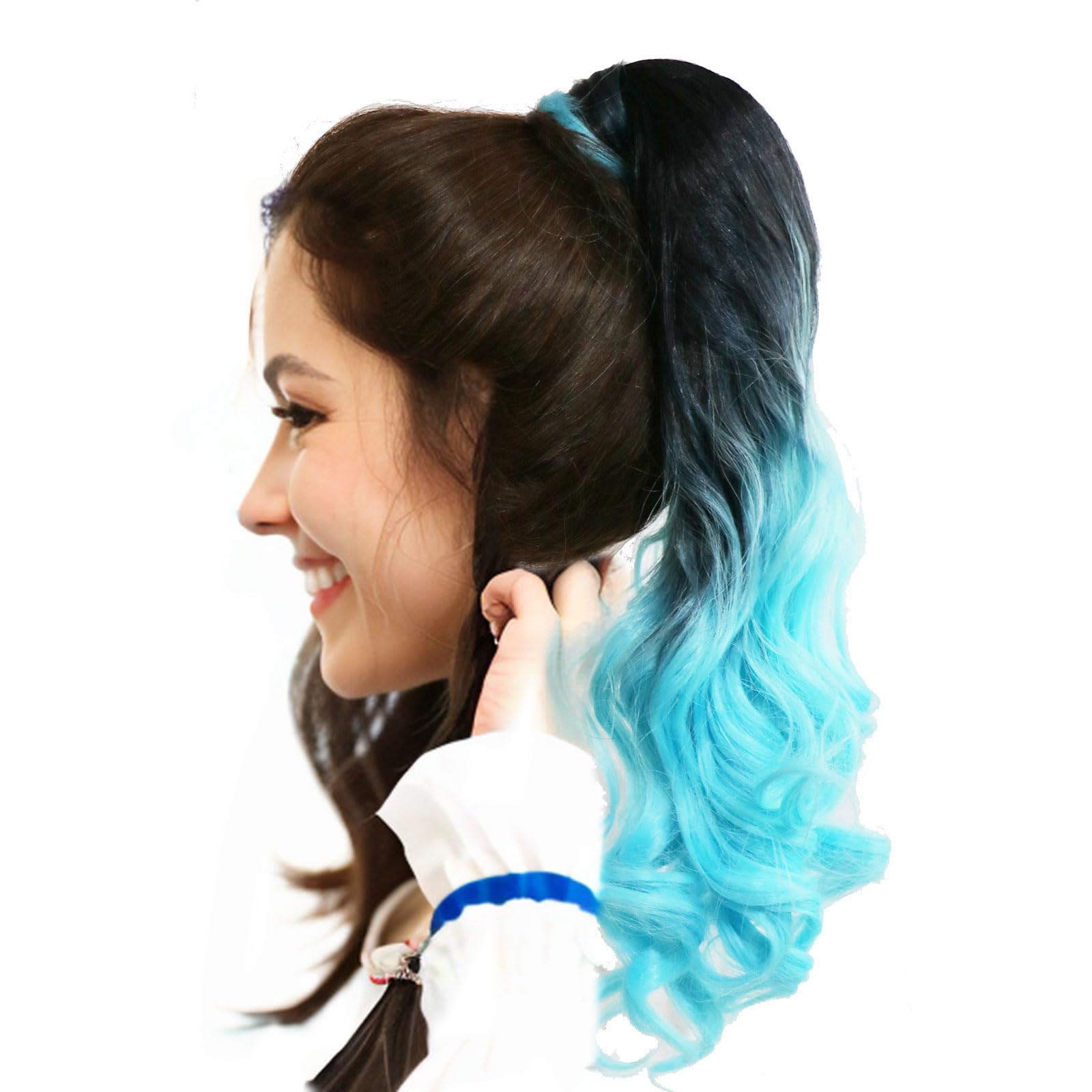 LeeWin Ombre Color Ponytail Extension Wrap Around Magic Sticky Long Curly Wave Hair Extensions Synthetic Pony Tail Hairpiece for Women Girls