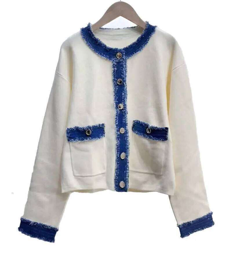 Cardigan 2025 new fashionable and elegant design sense denim splicing round neck long-sleeved knit sweater top woman