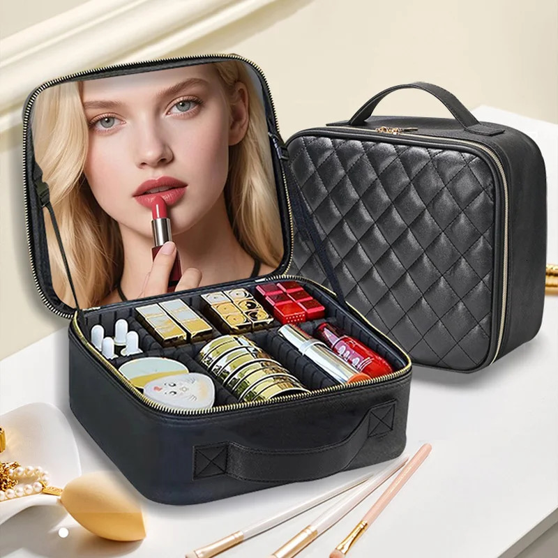 Sewing Thread Travel Makeup Bag for Women Waterproof Case With Mirror Professional Beauty Brush Cosmetic Storage Case 250614