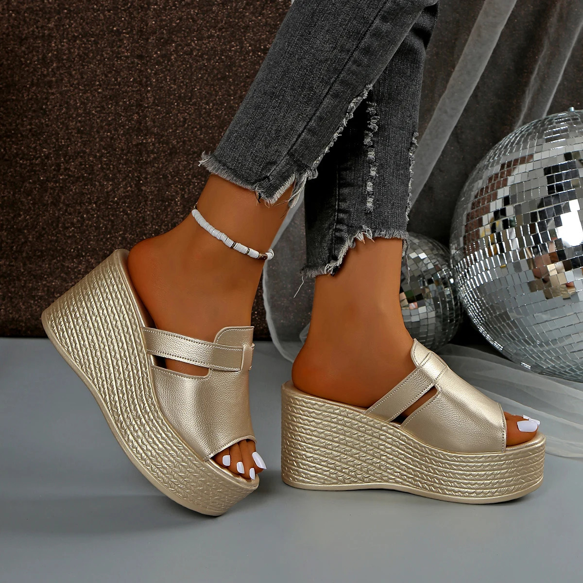 Shoes Woman 2025 Slippers for Swimming Pool Golden Wedge Peep Toe Round Headed Comfortable Beach Shoes Size 35-43 250605