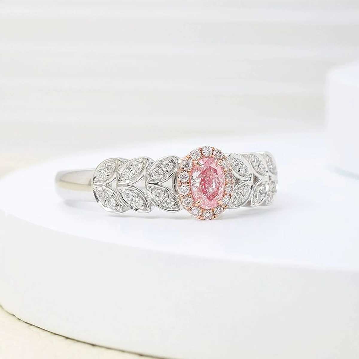 Luxury Pink Oval Cut Diamond Engagement Ring Leaf Shape Pink Lab Grown Diamond Rings For Bridal Promise Jewelry W250606