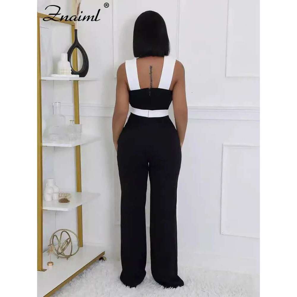 Znaiml Black White Patchwork Wide legs Jumpsuit Women Sleeveless Cut Out Loose Rompers Elegant Evening Party One Pieces Outfits