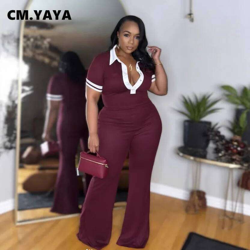 CM.YAYA Women Patchwork Elastic Short Sleeve Jumpsuit 2025 Fashion Summer African Chic Street Party Romper One Piece Set Outfits